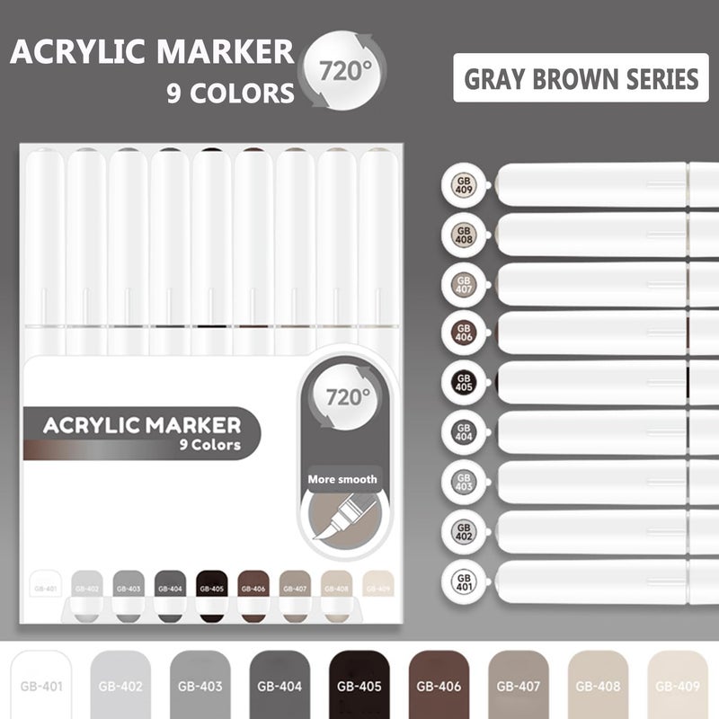 Yolaka Water Based Acrylic Paint Markers, 9 Colors Acrylic Paint Pens Set with Soft Brush Tip, Marker Pen for Rock Painting, Egg, Wood, Glass, Paper, Mugs, Acrylic Painter Ink (Gray Brown Series) - Image 2